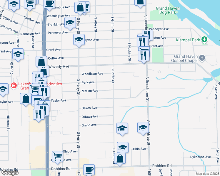map of restaurants, bars, coffee shops, grocery stores, and more near 819 South Griffin Street in Grand Haven