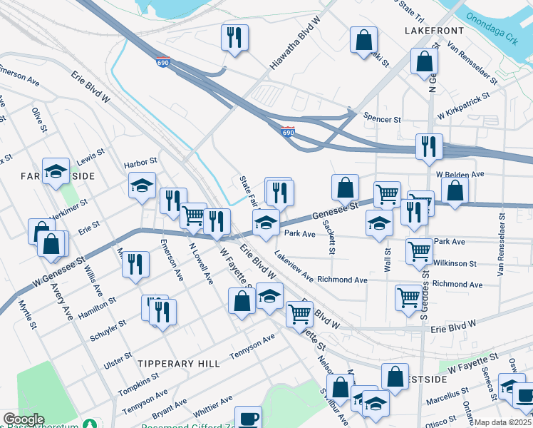 map of restaurants, bars, coffee shops, grocery stores, and more near 116-18 State Fair Boulevard in Syracuse