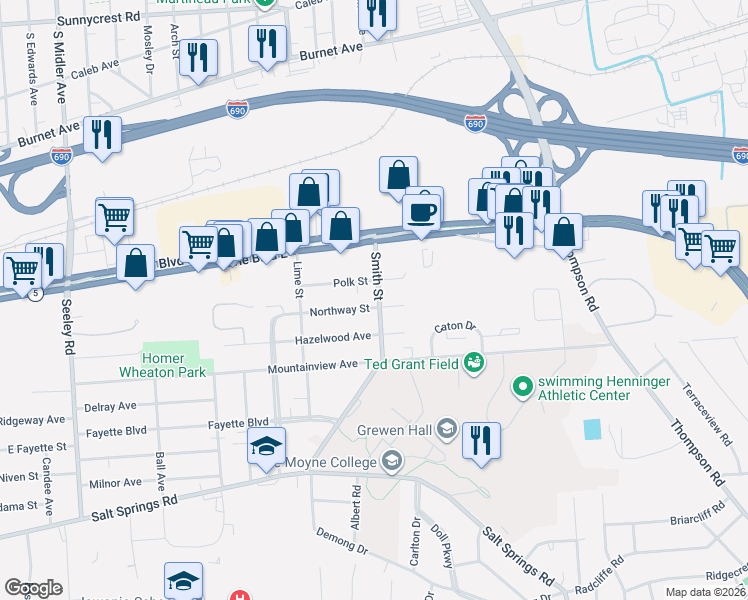 map of restaurants, bars, coffee shops, grocery stores, and more near 1001 Northway Street in Syracuse