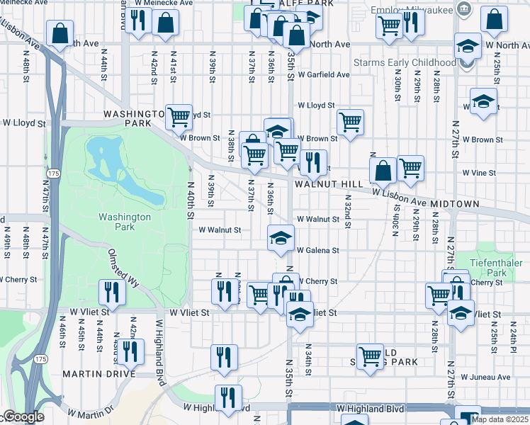 map of restaurants, bars, coffee shops, grocery stores, and more near 1718 North 36th Street in Milwaukee