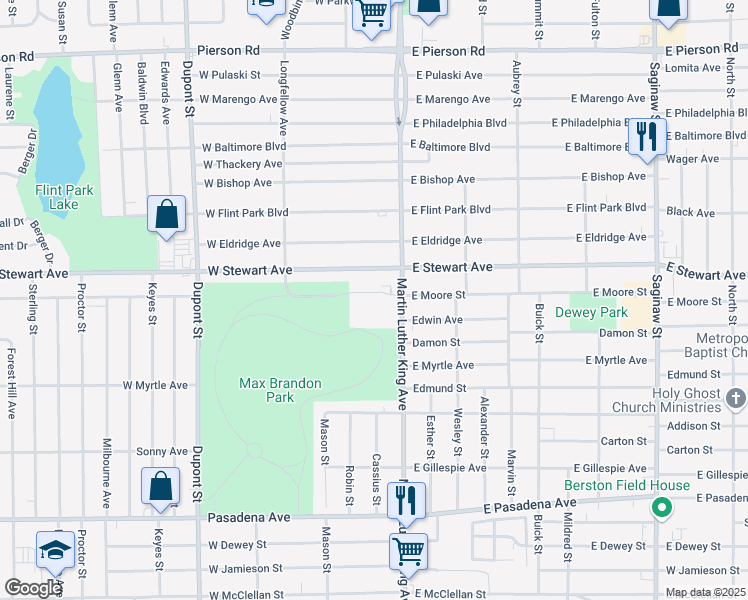 map of restaurants, bars, coffee shops, grocery stores, and more near 4121 Martin Luther King Avenue in Flint