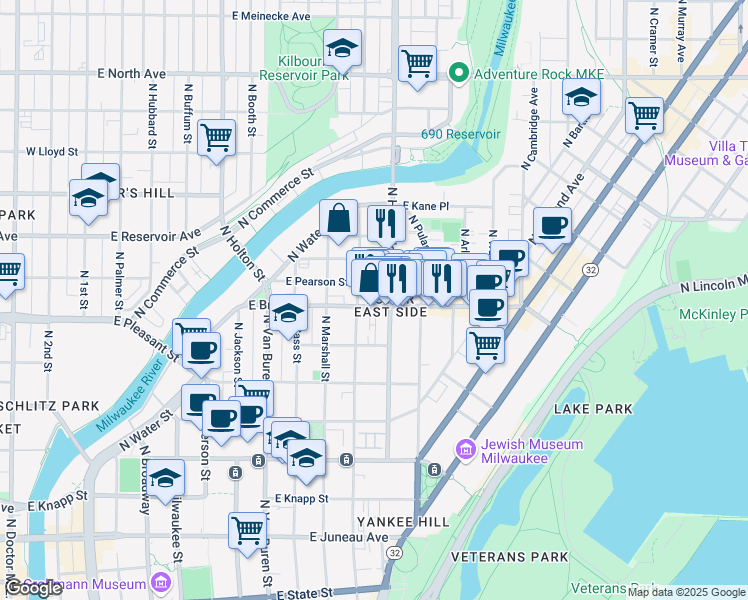 map of restaurants, bars, coffee shops, grocery stores, and more near in Milwaukee