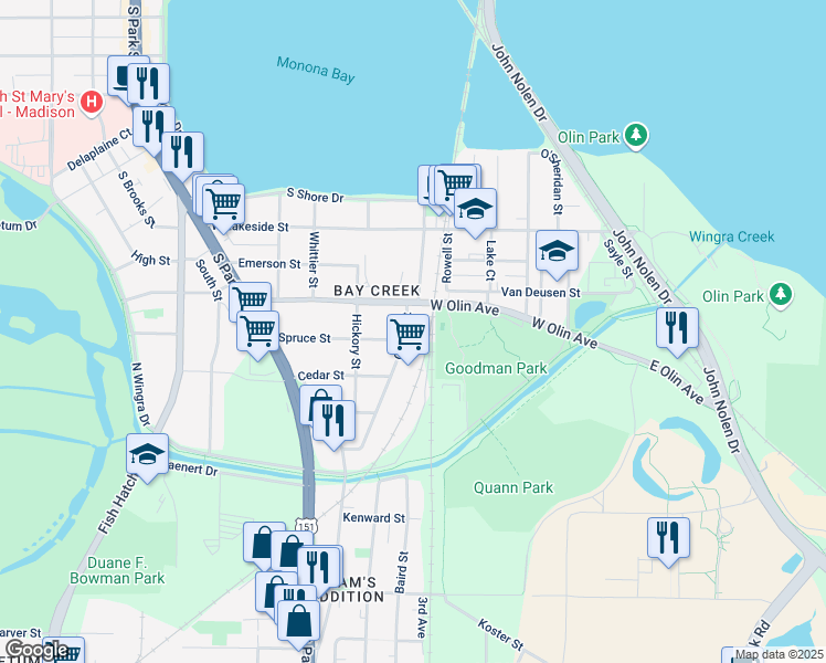 map of restaurants, bars, coffee shops, grocery stores, and more near 1217 Gilson Street in Madison
