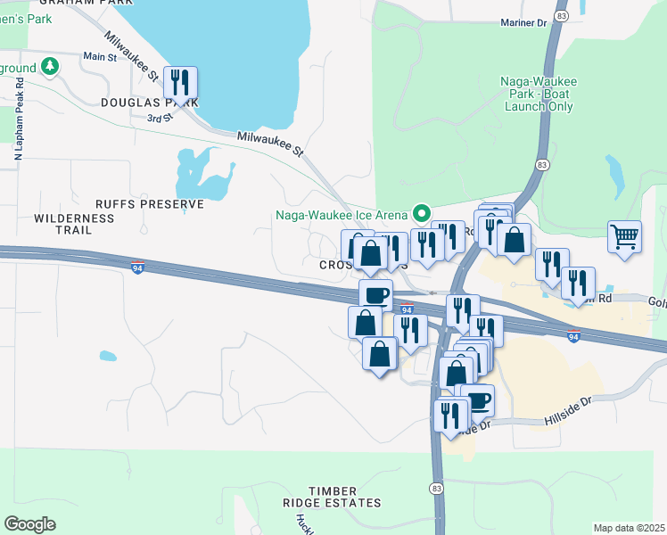 map of restaurants, bars, coffee shops, grocery stores, and more near 2410 Milwaukee Street in Delafield