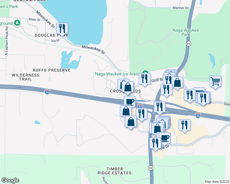 map of restaurants, bars, coffee shops, grocery stores, and more near 2410 Milwaukee Street in Delafield