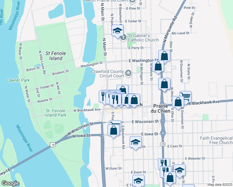 map of restaurants, bars, coffee shops, grocery stores, and more near 111 Louis Street in Prairie du Chien
