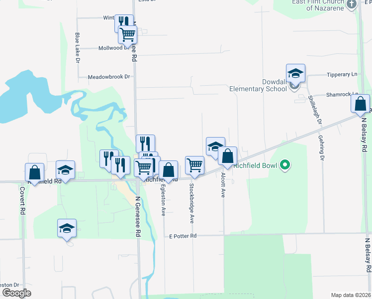 map of restaurants, bars, coffee shops, grocery stores, and more near 5113 Richfield Road in Flint