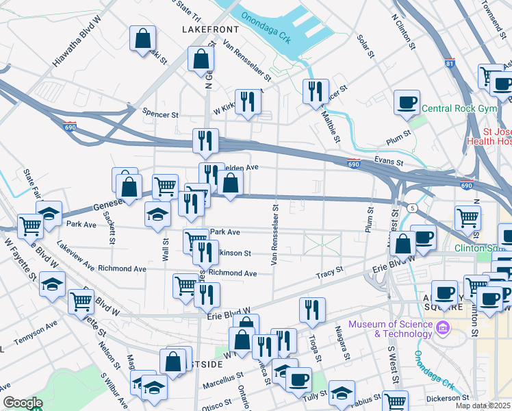 map of restaurants, bars, coffee shops, grocery stores, and more near 805 West Genesee Street in Syracuse