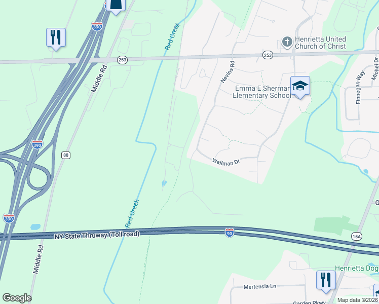 map of restaurants, bars, coffee shops, grocery stores, and more near 233 Nevins Rd in Henrietta
