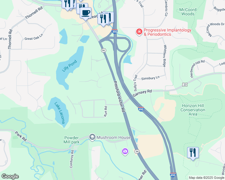 map of restaurants, bars, coffee shops, grocery stores, and more near 945 Pittsford Victor Rd in Pittsford