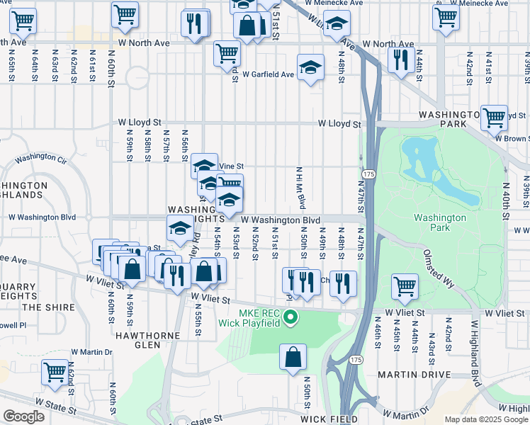 map of restaurants, bars, coffee shops, grocery stores, and more near 5110 W Washington Blvd in Milwaukee