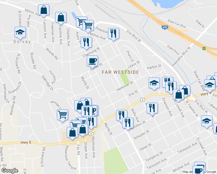 map of restaurants, bars, coffee shops, grocery stores, and more near 810 Avery Avenue in Syracuse