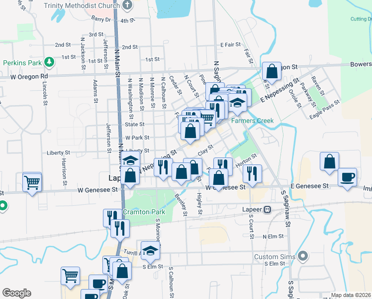 map of restaurants, bars, coffee shops, grocery stores, and more near 477 West Nepessing Street in Lapeer