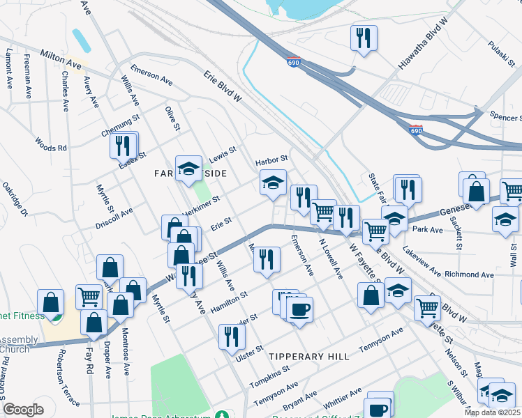 map of restaurants, bars, coffee shops, grocery stores, and more near 505 Emerson Avenue in Syracuse