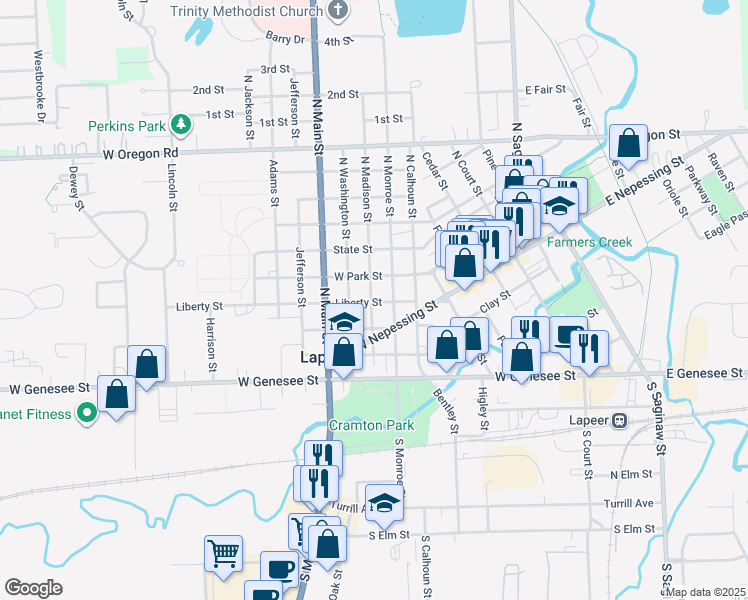 map of restaurants, bars, coffee shops, grocery stores, and more near 349 North Monroe Street in Lapeer