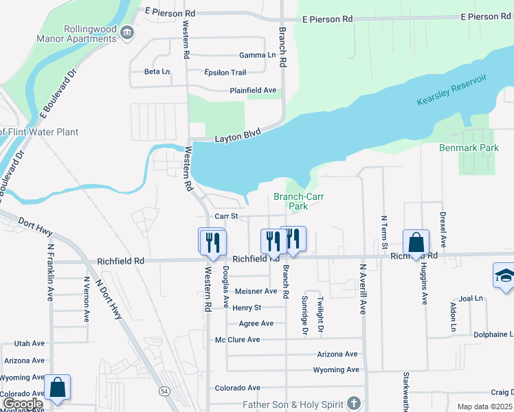 map of restaurants, bars, coffee shops, grocery stores, and more near 2945 Carr Street in Flint