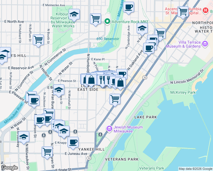 map of restaurants, bars, coffee shops, grocery stores, and more near 1240 East Brady Street in Milwaukee