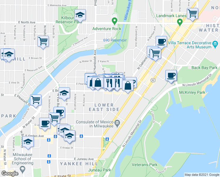 map of restaurants, bars, coffee shops, grocery stores, and more near 1240 East Brady Street in Milwaukee
