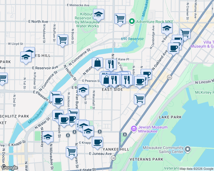 map of restaurants, bars, coffee shops, grocery stores, and more near in Milwaukee