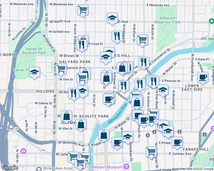 map of restaurants, bars, coffee shops, grocery stores, and more near 1721 North Palmer Street in Milwaukee