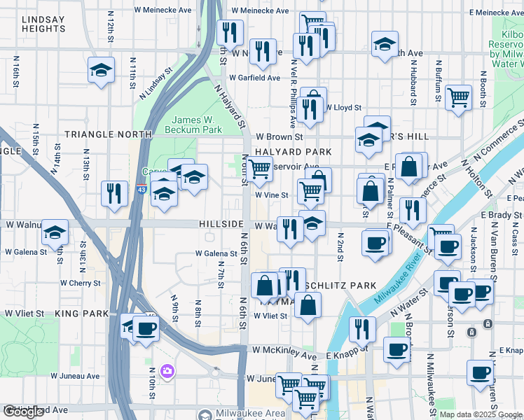 map of restaurants, bars, coffee shops, grocery stores, and more near 514-518 West Walnut Street in Milwaukee
