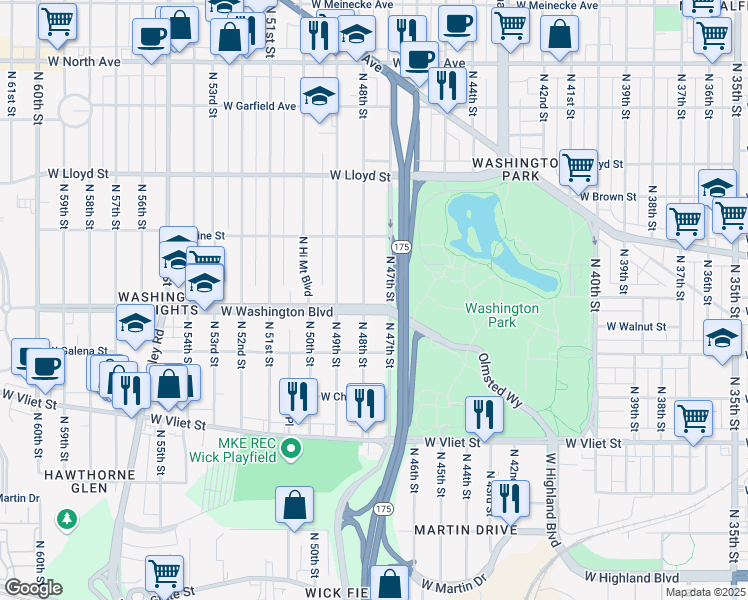 map of restaurants, bars, coffee shops, grocery stores, and more near 4726 West Washington Boulevard in Milwaukee