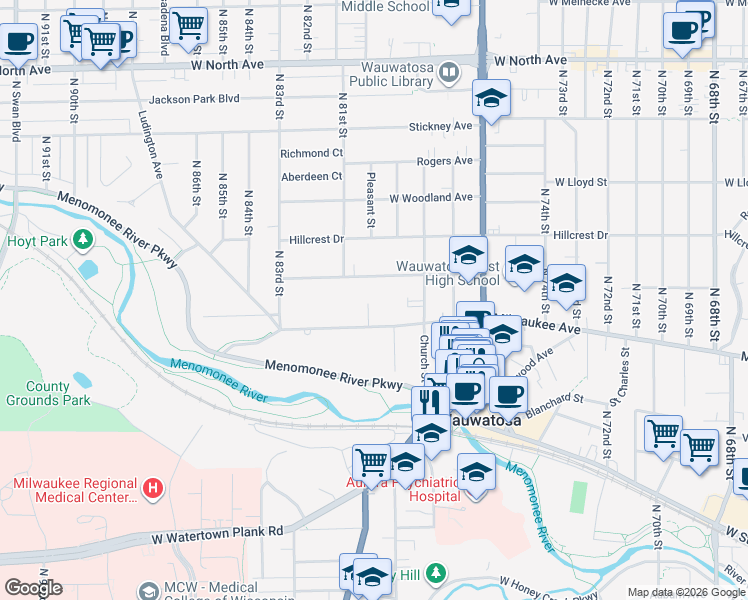 map of restaurants, bars, coffee shops, grocery stores, and more near 1709 Day Court in Wauwatosa