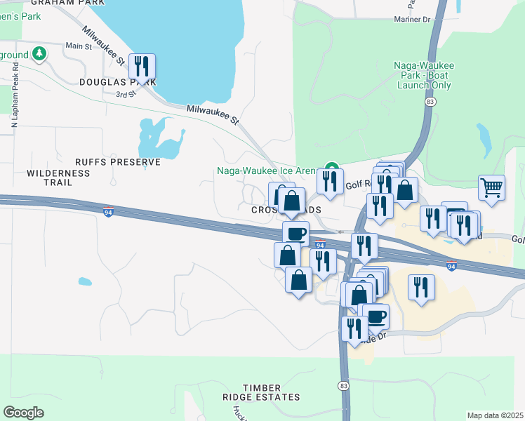 map of restaurants, bars, coffee shops, grocery stores, and more near 2410 Milwaukee Street in Delafield