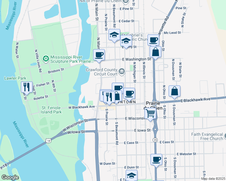 map of restaurants, bars, coffee shops, grocery stores, and more near 111 Louis Street in Prairie du Chien