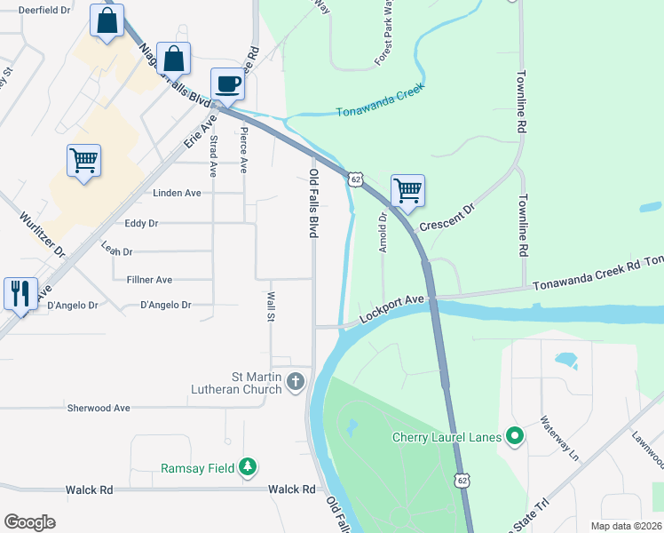 map of restaurants, bars, coffee shops, grocery stores, and more near 509 Old Falls Boulevard in North Tonawanda