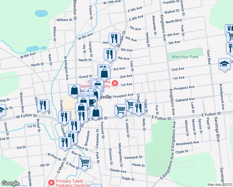 map of restaurants, bars, coffee shops, grocery stores, and more near 23 Prospect Avenue in Gloversville