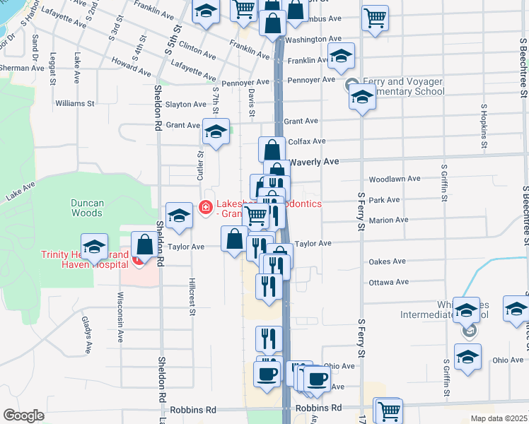 map of restaurants, bars, coffee shops, grocery stores, and more near 809 South Beacon Boulevard in Grand Haven