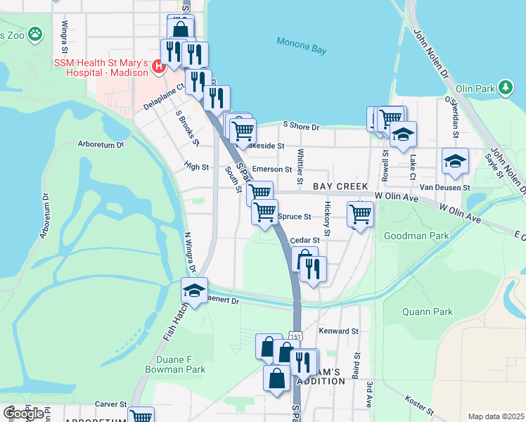 map of restaurants, bars, coffee shops, grocery stores, and more near 726 Spruce Street in Madison