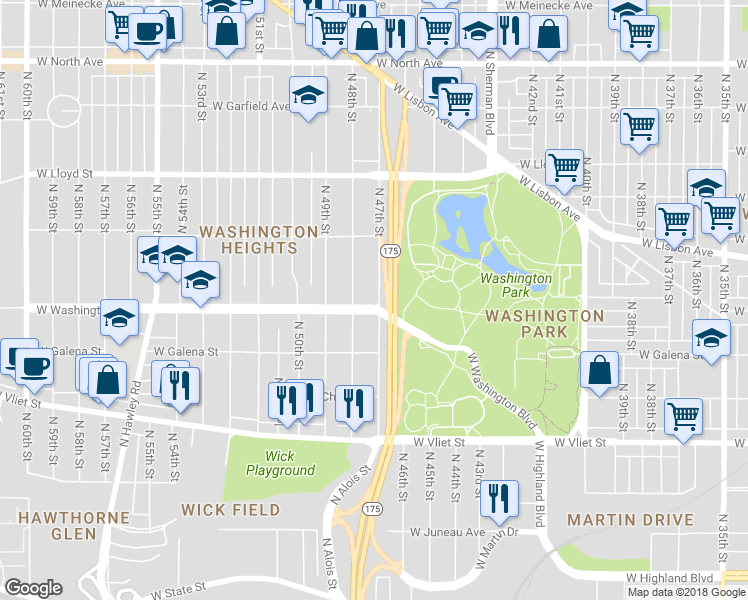 map of restaurants, bars, coffee shops, grocery stores, and more near 1701 North 47th Street in Milwaukee