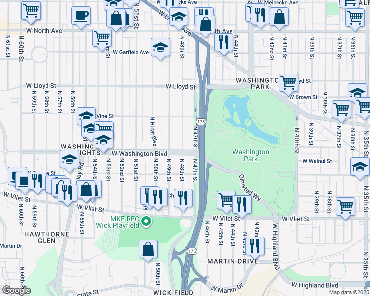 map of restaurants, bars, coffee shops, grocery stores, and more near 4726 West Washington Boulevard in Milwaukee