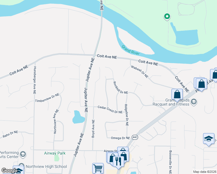 map of restaurants, bars, coffee shops, grocery stores, and more near 4960 Cedar Ridge Drive Northeast in Grand Rapids
