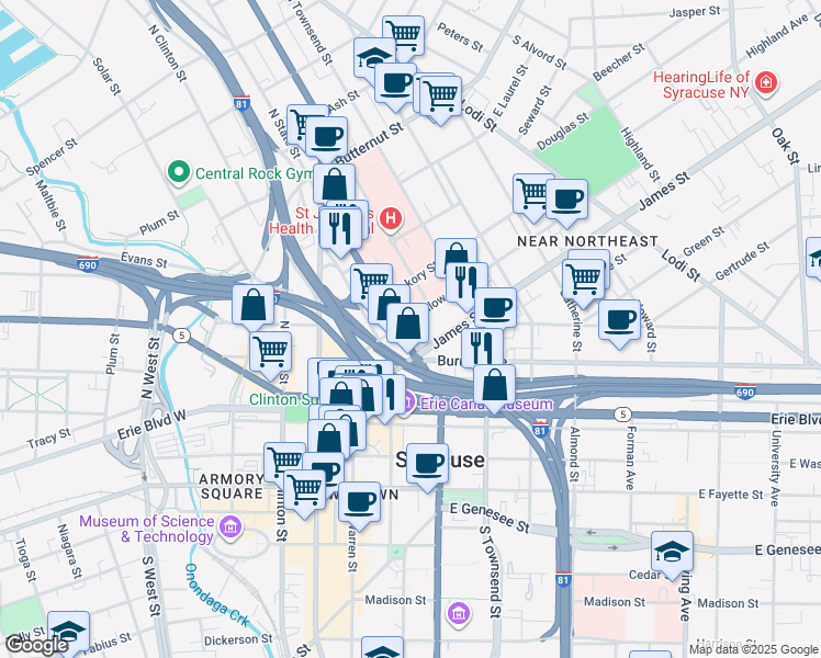 map of restaurants, bars, coffee shops, grocery stores, and more near 215 North State Street in Syracuse