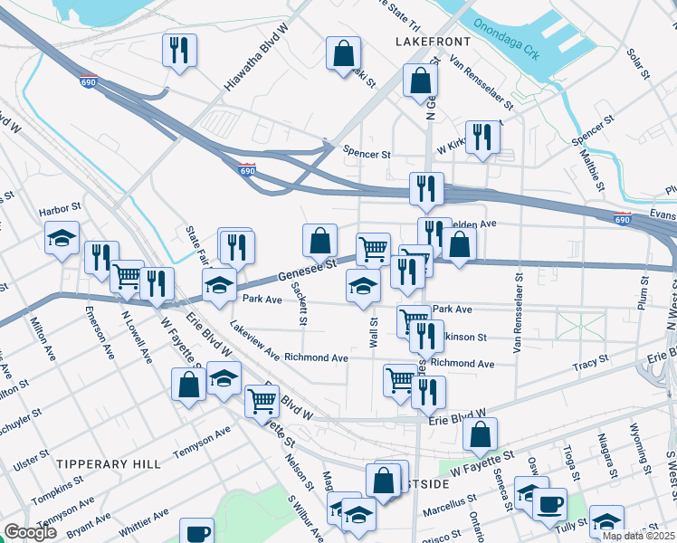 map of restaurants, bars, coffee shops, grocery stores, and more near 1119 West Genesee Street in Syracuse