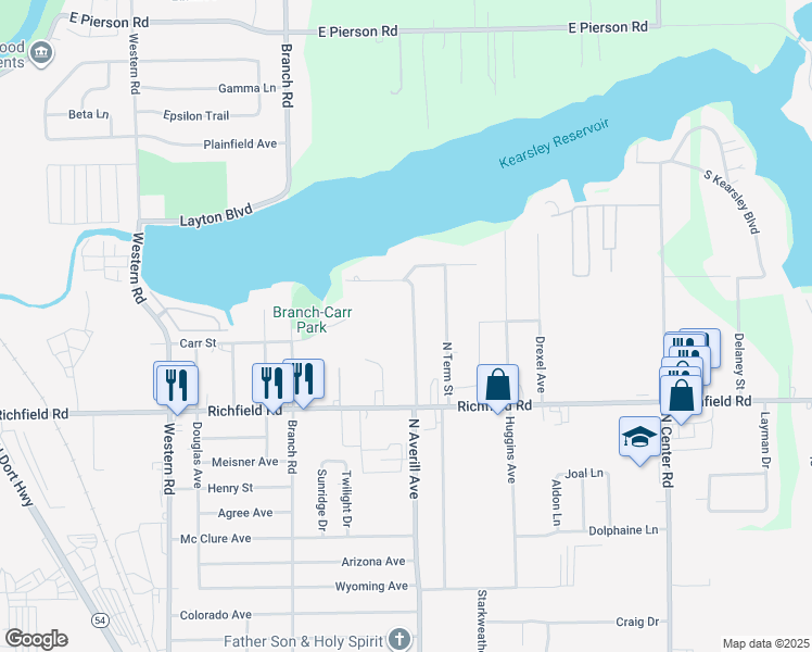 map of restaurants, bars, coffee shops, grocery stores, and more near 3217 North Averill Avenue in Flint