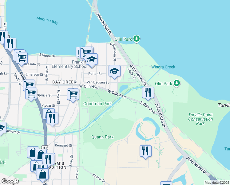 map of restaurants, bars, coffee shops, grocery stores, and more near 100 West Olin Avenue in Madison