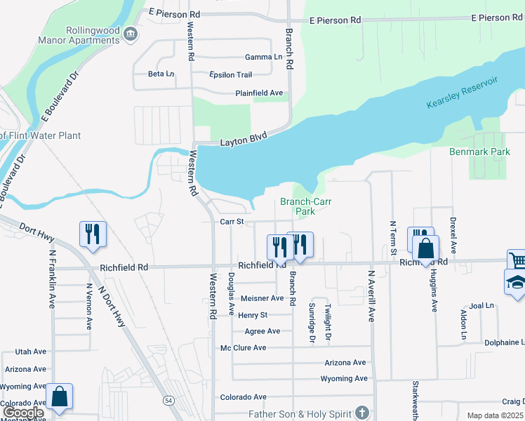 map of restaurants, bars, coffee shops, grocery stores, and more near 2945 Carr Street in Flint