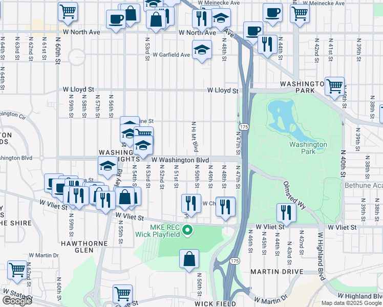 map of restaurants, bars, coffee shops, grocery stores, and more near 5000 West Washington Boulevard in Milwaukee