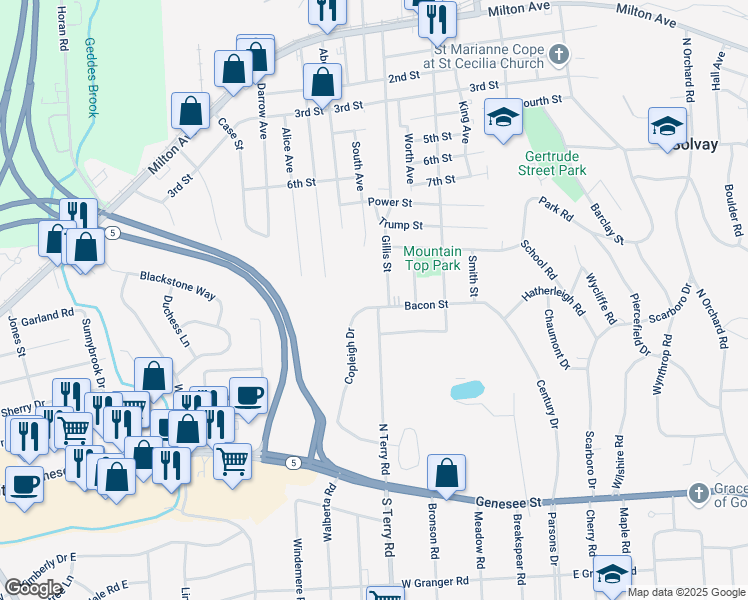 map of restaurants, bars, coffee shops, grocery stores, and more near 502 Bacon Street in Syracuse