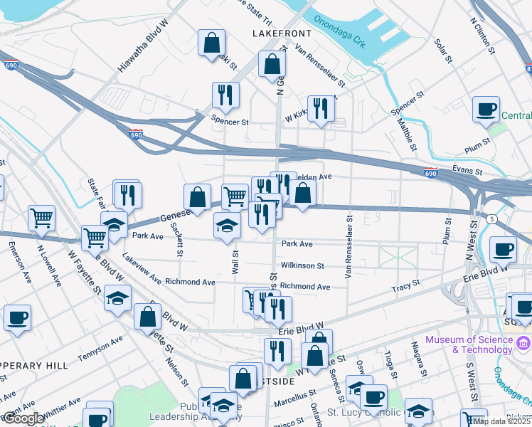 map of restaurants, bars, coffee shops, grocery stores, and more near 1001 West Genesee Street in Syracuse