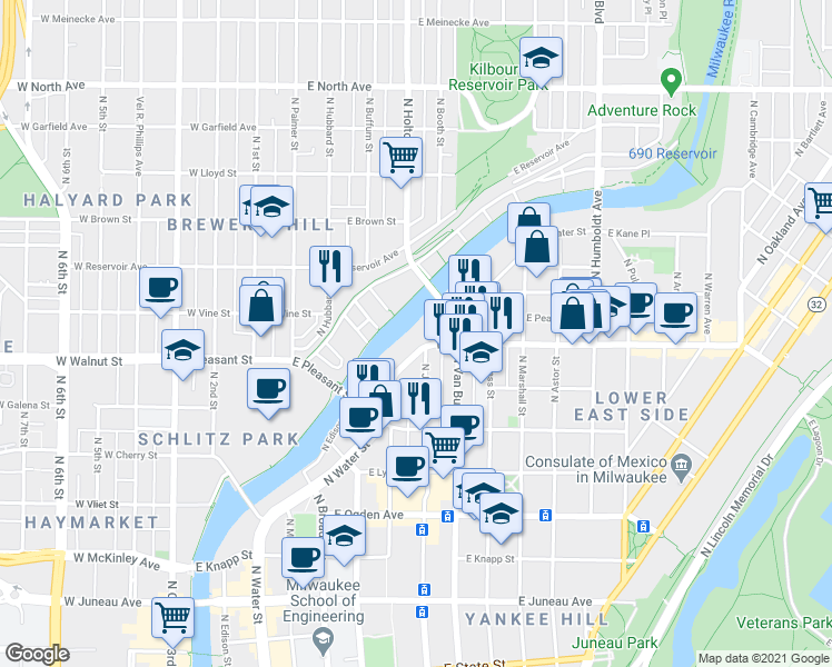 map of restaurants, bars, coffee shops, grocery stores, and more near in Milwaukee
