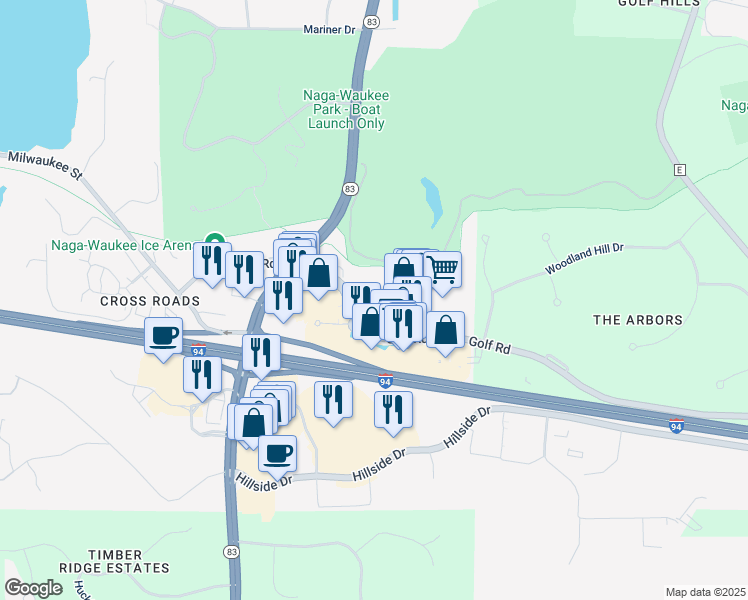 map of restaurants, bars, coffee shops, grocery stores, and more near 3105 Golf Road in Delafield