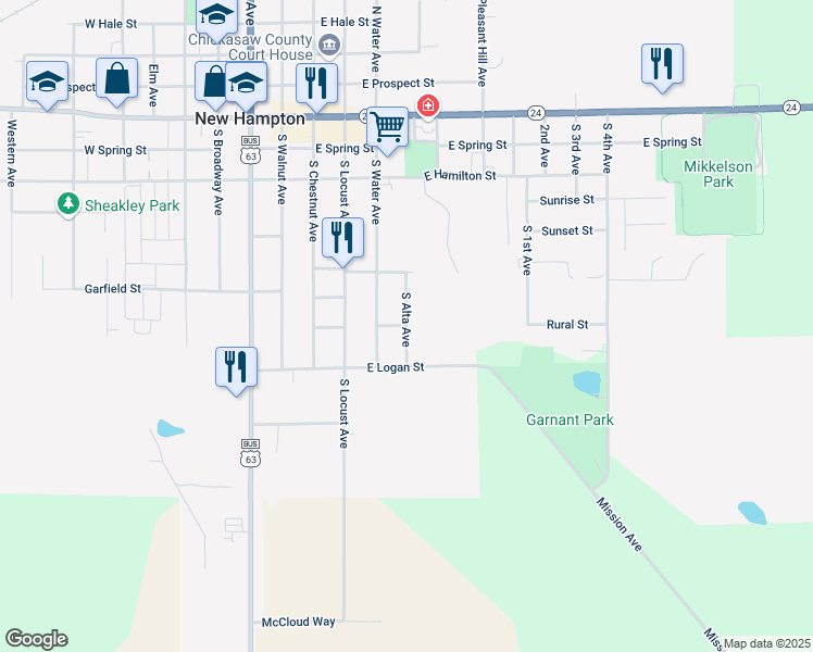 map of restaurants, bars, coffee shops, grocery stores, and more near 322 South Alta Avenue in New Hampton