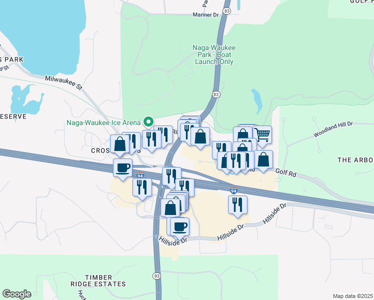map of restaurants, bars, coffee shops, grocery stores, and more near 2900 Golf Road in Delafield