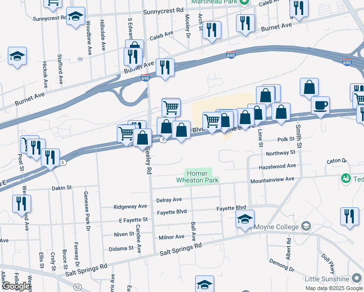 map of restaurants, bars, coffee shops, grocery stores, and more near 2576 Erie Boulevard East in Syracuse