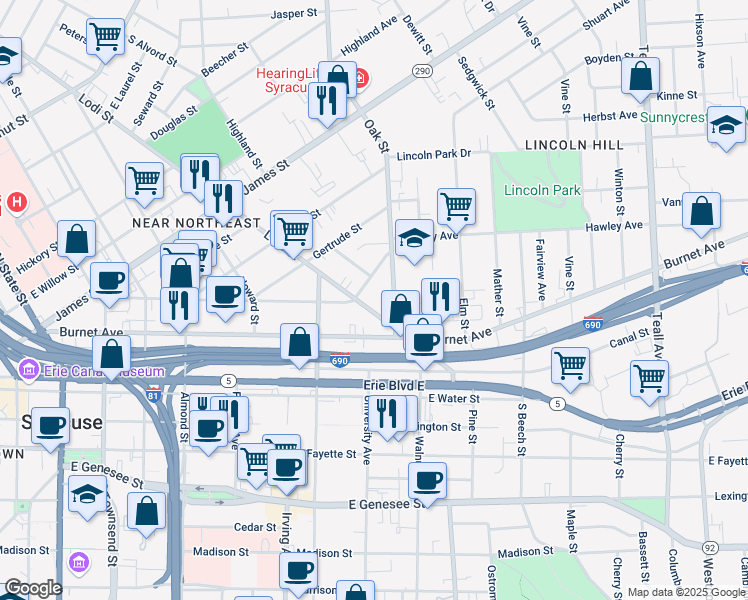 map of restaurants, bars, coffee shops, grocery stores, and more near 318 Lodi Street in Syracuse
